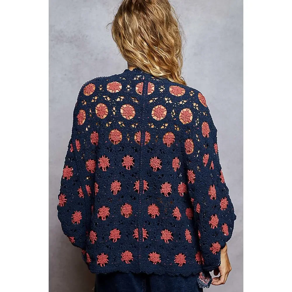 POL Relaxed Fit Batwing Chenille Crochet Cardigan - Blue and Red ONE SIZE